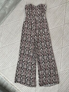 Leith Strapless Snakeskin Jumpsuit in Taupe and Black